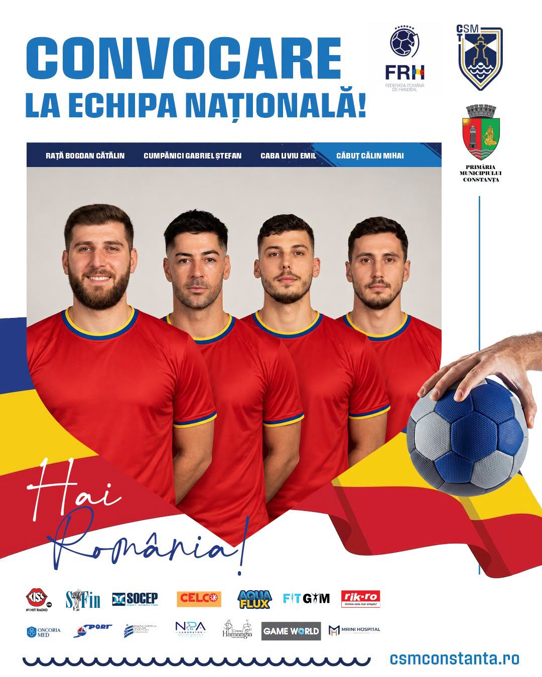 CSM Constanța dă patru jucători echipei naționale! Rață, Cumpănici, Caba și Căbuț fac parte din lotul tricolor pentru meciurile de calificare la EURO 2028