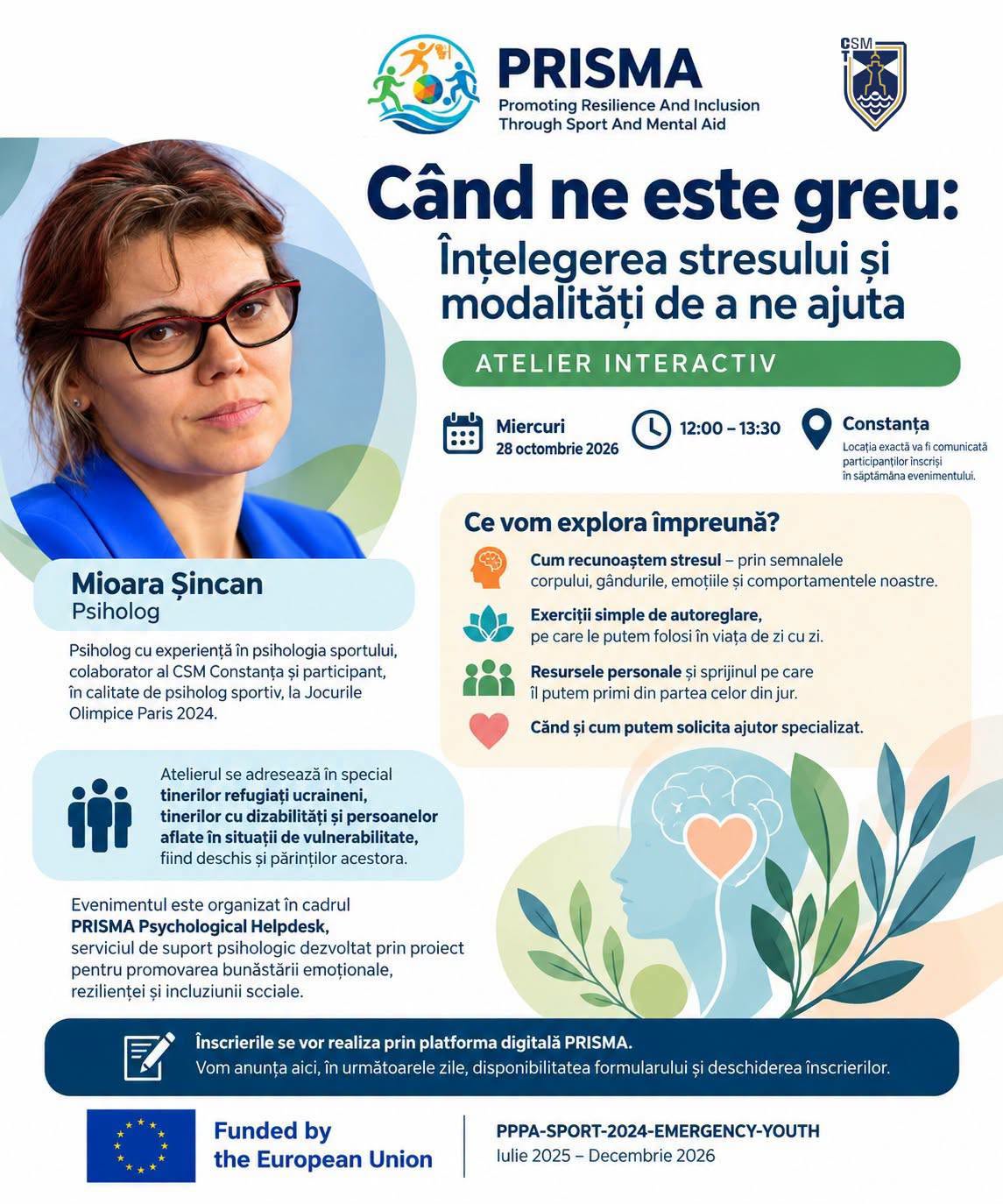 Când ne este greu: înțelegerea stresului și modalități de a ne ajuta – atelier interactiv PRISMA, 28 octombrie 2026